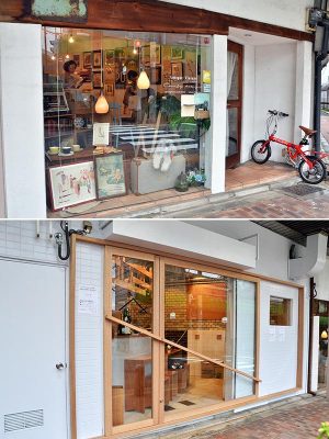 中立売通に面した、ビンテージプリントショップ（上）と和食バル（下）。ほか5軒の物件は、ビンテージプリントショップの右側に延びる路地にある