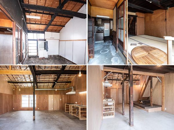（左上・左下）A室のリフォーム前と後。土間を剥がした部分と住居部分の床の高さを合わせ、一面土間に。自由度の高い空間へと生まれ変わった。また、平屋で天井高がある特徴を生かし、開放的な空間に　（右上・右下）2階建てのC室のリフォーム前と後。こちらのポイントは、手前を工房スペース、奥を生活スぺ―スに緩やかに分けられるようにしたこと。階段下の床はあえて残し、腰かけられるベンチのように仕上げられている