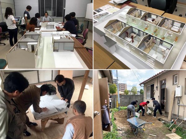 設計・施工ともに熊本大学と連携。田中智之教授の指導のもと、学生達が設計し、模型をつくって検討した。左下は現場での打ち合わせのようす（写真提供：末次宏成）