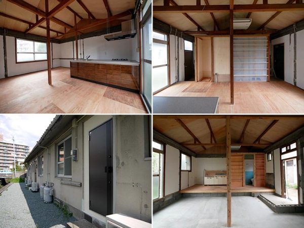 上2点／住みやすさ重視の「母屋」。ハイグレードのシステムキッチンは末次さんが自ら展示品を格安で仕入れたもの　</br>左下／新たに設けた「母屋」の玄関。藻器堀川（しょうけぼりがわ）のせせらぎに面している　</br>右下／土間リビングが特徴の「離れ」。キッチンもシャワーも揃っている