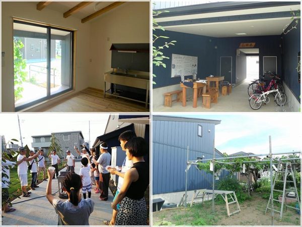 上左）キッチンの窓越しに畑が見える</BR>上右）共用スペースのベンチとテーブルは、エコアパⅡの工事を担当した職人による手作り家具。エコアパⅠ解体時に出た廃材のヒノキを再利用してつくったものという</BR>下右）共用果樹園では、キウイやブドウなどが栽培されている</BR>下左）2019年8月に開かれたバーベキュー大会の様子（エコアパートⅡ「花園荘」ブログより）