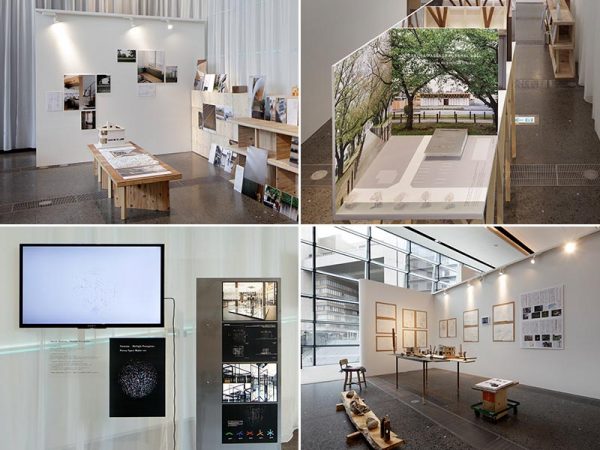 展示会内の様子。写真左上）伊藤維《北越谷の住宅》写真右上）百枝優《桜並木の葬祭場》</br>写真左下）津川恵理《Multiple Perception》写真右下）佐藤研吾《「工作」、あるいは”わざわざ”と読んでみる「技術」 》（photo©Satoshi Shigeta）