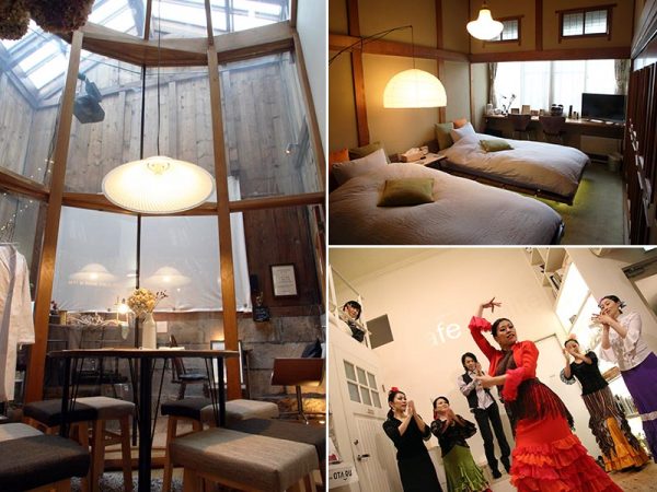 時間貸しで利用できる石蔵を改修したスペース（左）とゲストハウス洋室（右上）、イベントの様子（右下）