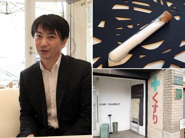 不動産の多様分散稼働の可能性を話す福島さん（左）。砂糖が入っているのは試験管型の容器（右上）で、薬局の名残も随所で感じられる（右下）