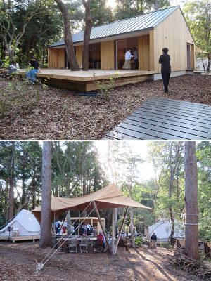入り口にはモデル棟があり、その奥には食事スペース、宿泊スペースとなるテントなどが用意されている