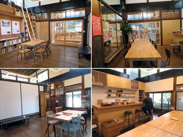 左2点は会議室部分を入口からと、反対側からと見たところ。番台も残されており、座ってみることもできる。右側2点はカフェ部分を同様に見たところ。木のカウンターが馴染んでいる