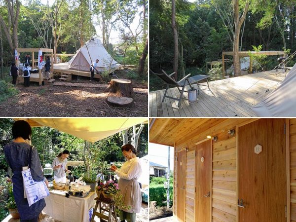 テントとデッキのほか、共用のシャワー、トイレなども用意されており、オープニングではデッキを利用してさまざまな店が出ていた