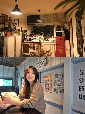 上：DIYで独特のキッチンになったまやさんの自宅／下：最近手掛けたシェアスペースでのまやさん