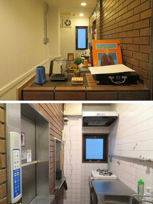 細長い建物で奥には廊下的な空間、ダムウェーターにミニキッチンと使えない部分も多い間取りだった