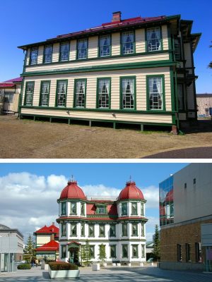 旧東奥義塾外人教師館、現在は２階が資料館で１階はレストランとして利用されている（上）。写真下は、明治39年に建てられ、昭和6年まで利用されていた旧弘前市立図書館（写真提供：弘前市）