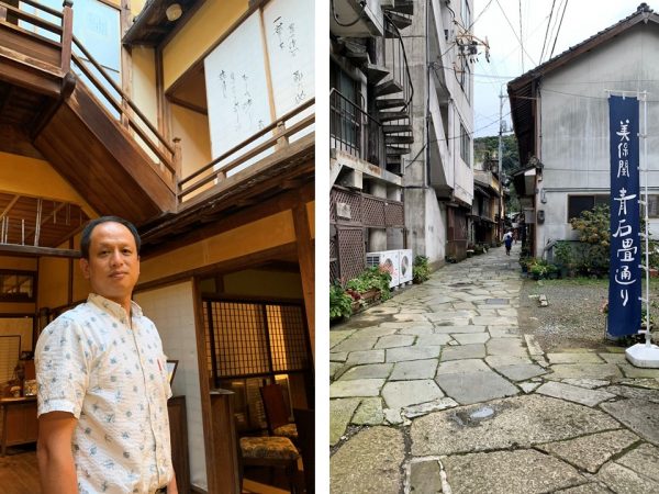 お話を伺った美保館のオーナー 定秀陽介氏（左）。40歳から地元の観光協会長を務め、さまざまな施策を打ちながら５年が経過したという。さまざまな施策を。車道が通る前は、海から切り出した青石を敷き詰めた石畳がメインストリート。宿屋を兼ねた廻船問屋が軒を連ねた（右）