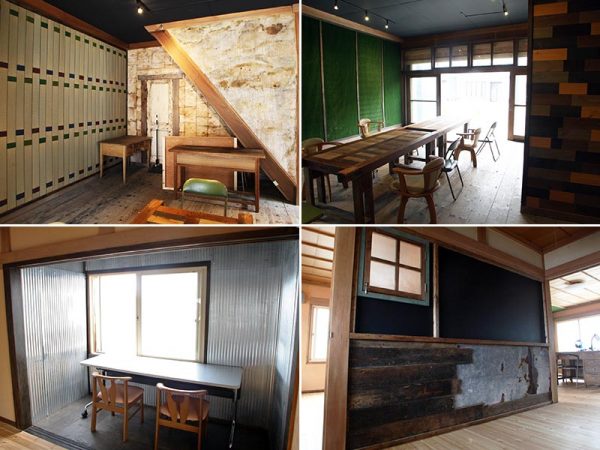モルタル造形が施された階段横の壁(左上)、1階部分のテーブル(右上)、2階コワーキングスペースの「ブリキゾーン」(左下、右下)