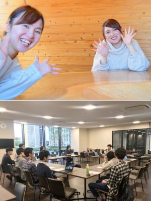 上／キャリア支援サービスのきっかけになった入居者。彼女は山口さんと一緒に強みを分析し、見事転職を叶えた　下／「キャリアアップ部」の活動の様子。飛行機設計から世界で活躍する美容師へと転身した元入居者の話に興味津々