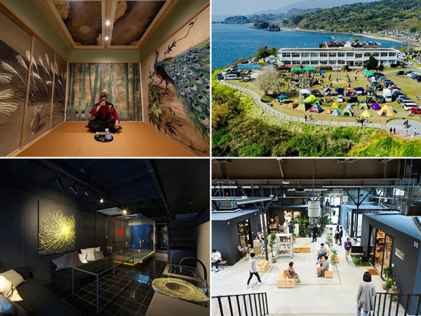 左上から時計回りに和室リノベーション賞「SHOGUN Castle」、地域資源リノベーション賞「おおすみの人と自然が先生です。『ユクサおおすみ海の学校』」、拠点創出リノベーション賞「ちょっとソコまで、SOKOまで。」、ベストデザイン賞「浮かぶガラスの茶室がある大阪長屋」