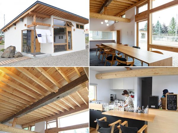 スタイリッシュな「かってば」の外観（左上）。ミーティングに便利な大きなテーブル（右上）や、古材を再利用した梁（左下）、カフェ・パブ（右下）などがある