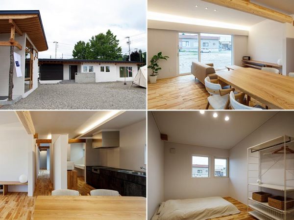 かってばに隣接する「ながや」（左上）。窓の大きなリビング（右上）や共有キッチン（左下）、寝室（右下）と必要な機能がすべてそろう