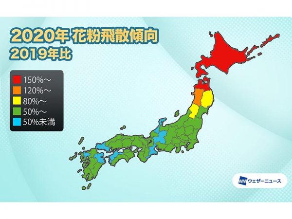 株式会社ウェザーニューズ提供「2020年花粉飛散傾向2019年比」