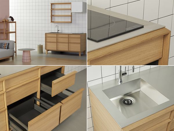 (左上)チェストのようなデザインのキッチン。壁面に設けたシェルフも用意。　(右上) 薄くモダンな印象の天板。ヘアライン仕上げ、ランダムに磨きをかけたバイブレーション仕上げも。　(左下) グリッドの一番上の段は固定部分、2・3段目が静音レール付きの引出し収納。内部はお手入れしやすい素材を採用。　(右下) スクエアなデザインが特徴のシンク。[KNSコンパクトキッチン]　 345,000円（税込）／台～ 
