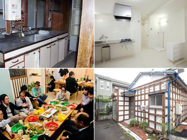 左上から時計回りにモクチンレシピで改装した住宅内部のビフォー、アフターと外観。トダ＿ピースの集まり