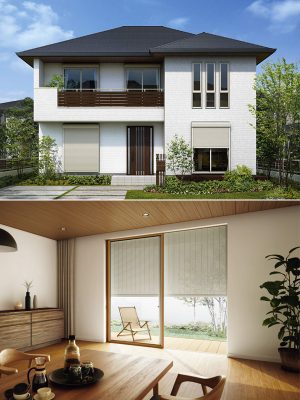 （上）周辺環境や立地、間取り、家族構成などを考慮して適するシャッターを取り入れたい。[リモコンシャッター 　 窓：エピソードNEO シャッター付き引違い窓]　（下）スラットとスラットの間のスリットを開けることで、ほどよく視線を遮りながら、採光・彩風が可能。[リモコンスリットシャッター 　 窓：エピソードNEO] 　YKK AP