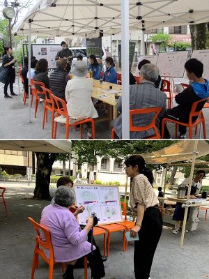 上／住民と区役所職員などが”ともに育つ”公園について意見を交わす通称「井戸端かいぎ」。下／公園でどう過ごしたいかについてシールを貼ってもらい、後にそれに基づいて意見を出し合う（写真／いずれも豊島区）
