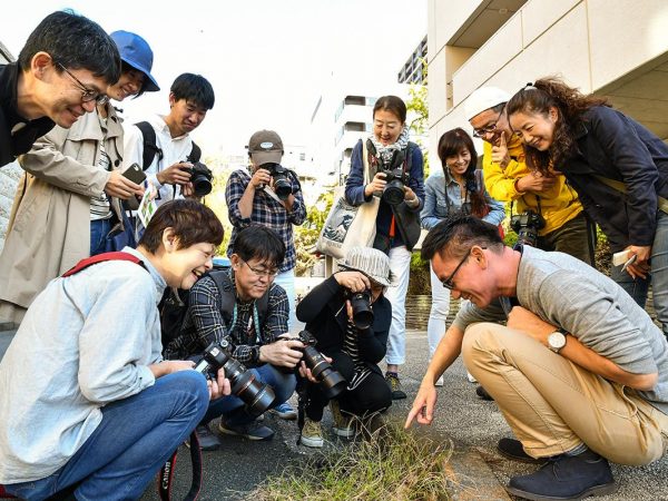 右端で雑草を指さしているのが吉田氏。傍から見ると謎の集団に見えるかも