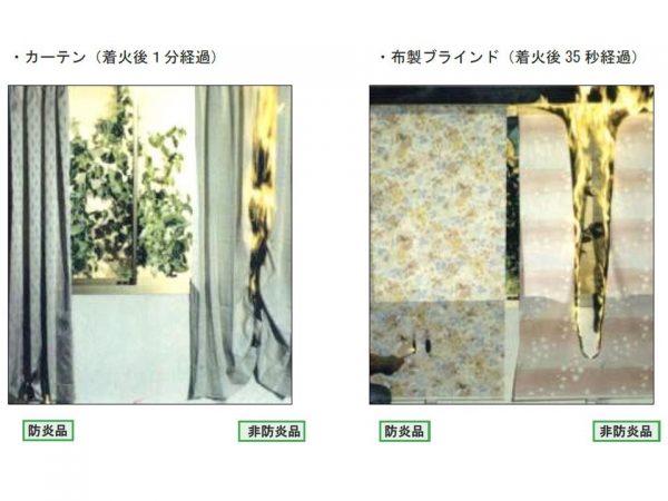 本文とは別の実験の様子。防炎品は普通の製品より明らかに燃えにくい（出典：消防庁『防炎の知識と実際』）