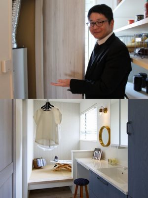 上／パントリーに設置された「全館調湿換気システム」を案内してくれたサーラ住宅の三村佳史さん。 下／間取りもひと工夫。入浴後10分以内の保湿ケアがベストということから、脱衣所の外に小上がり畳の「保湿ケアスペース」を設けた。子どもの着替えや家事にも便利（豊田大林展示場）