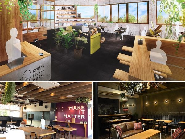 写真上/KIWが宮崎で新しく作っているワークプレイス、左下/廃校を活用したムカサハブ、右下/会員が利用できるワークプレイスの一つとなるカフェ