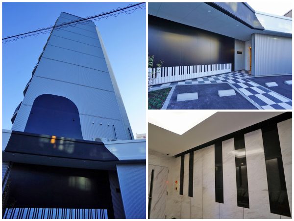 ▲『美サイレント本山』の外観とエントランスホール。管理規約では“どんな楽器演奏も24時間OK”となっているが、基本的にピアノ演奏を想定して設計されているため、外観やエントランスはピアノの鍵盤をイメージしたデザインになっている（2020年1月撮影）