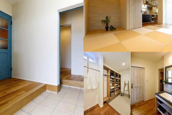 左／玄関タイルは、花粉の働きを抑える抗アレルゲン剤がコーティングされている。右上／和室にはカビを抑える和紙の畳おもてを使うなど建材にも配慮した。右下／玄関にクロークと手洗いを設ければ、花粉などを持ち込まないですむ（豊田大林展示場）