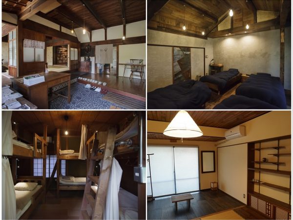 左上／昔ながらの広々とした玄関でゲストを迎える。左下／ドミトリータイプの部屋は、もともと茶室だったところを区切って、6人用と3人用の部屋に改装した。右上／4人まで利用できる個室。(以上、写真提供：ゲストハウスますきち)　右下／2020年3月から稼働する新たな個室。すっきり落ち着いた和の空間に