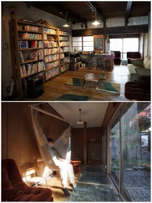 上／入り口すぐの場所にある共有スペース。下／中庭に面した共有スペース。床のガラス部分は、邸宅時代に庭にあった池に泳ぐ鯉を見られるようにしたものだとか。かつての風流な暮らしが分かる。強度的に問題がなかったため、そのまま活用している(写真提供：ゲストハウスますきち)