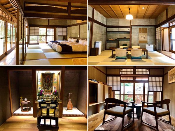 （上左）縁側から庭園を望む寝室。（上右）寝室の続きにある和室の居間。床の間の掛け軸は安土桃山時代の作。（下左）歴史の厚みを感じさせる仏間。厨子の中には、三井寺が所蔵する大日大聖不動明王が安置されている。（下右）リビングルーム。テレビやエアコンなどの家電製品は壁面に収納。水回りはフルリフォームされているが、間取りは一切変えていない