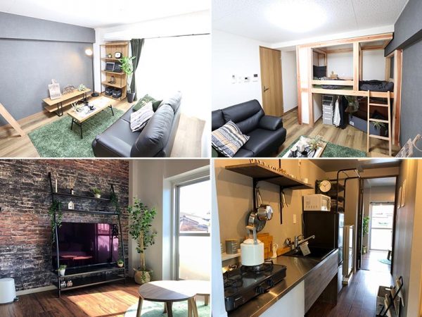 （画像上2枚）山口県山陽小野田市のビレッジハウス小野田。4棟あるうち、2棟をファミリー向けから単身世帯向けにフルリノベーションしている。ロフト付きで収納スペースも確保できそう<br>
（画像下2枚）三重県四日市市のビレッジハウス高花平。外国人入居者の居住ニーズに応え4棟のうち1棟をシングル向けの間取りに、壁にはアクセントクロスも