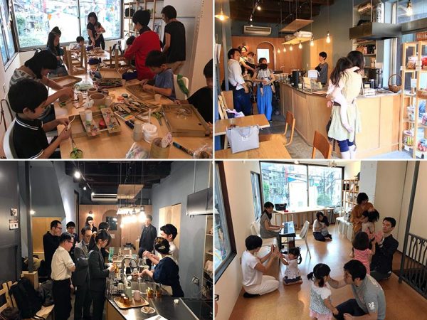 左上）子どもたちのための工作教室を２階のフリースペースで実施　</br>右上）１階のキッチンには小さな子どもたちを連れたママさんたちの情報交換の場にもなった　</br>左下）キッチンを使った一般の大人のための食事会も開催　</br>右下）子どもと一緒に遊べる空間では、元気いっぱい大きな声が響いている