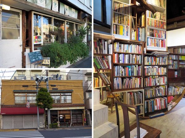 左上はキラキラ橘商店街と明治通り沿いの角にある日替わりカフェ。その下は明治通りにある三軒長屋を利用したカフェ、ゲストハウス。焼き菓子が美味だった。そして右が民泊図書館。迫力があった