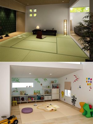 （上）リビングに隣接させた和の空間に馴染む、モダンな市松模様の畳表。[健やかおもて　銀白／市松]（大建工業）　（下）フローリングの上に置いて子どもの遊び場スペースに。[ここち和座　小波／白茶色]（大建工業）

