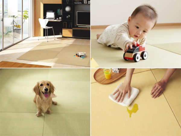 （左上）カラーバリエーションが豊富なので、空間に合わせてコーディネートが可能。日焼けにも強い。　（右上）カビの発生やダニの増殖は「い草」に比べて少ないため、幼いお子さんの遊び場にも適する。　（左下）室内でペットを飼っていても傷がつきにくい。　（右下）汚れに強いため、お手入れも簡単。[健やかおもて]

