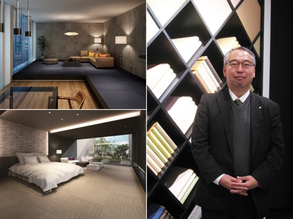 （右）「さまざまなタイプがあるので、実際に色や素材感などを確かめて選んでください」と得永さん。
（左上）経糸（たていと）に銀糸を使用することで光を反射。モダンな空間に。[ここち和座　彩園 煌（きらめき／墨染色]
（左下）3色の緯糸（よこいと）で織り込んだ絣模様。風に揺れる稲穂を表現したモダンな織り目が特長。[ダイケン健やかおもて　穂波03／灰桜色×乳白色×銀鼠色]