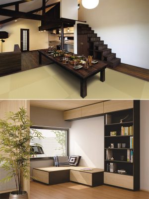 （上）キッチンからつながる民芸調の床座のダイニングにも。[ここち和座　敷き込みタイプ　清流／灰桜色]　（下）収納ユニットに畳天板を組み合わせてくつろぎの空間をプランニングしても。[スタイリッシュファニチャー　ミセル]