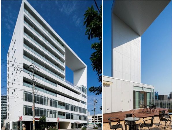 左／三河安城駅前にある「カガヤキスクエア」。右側がオフィス棟、左側が住居棟。右／オフィス棟の屋上となる6階部分はガーデン屋上庭園となっており、オフィスで働く人や住人の憩いの場に(写真提供：かがやき建物)