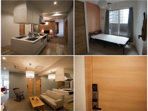 左上／シェアハウスのLDK部分。左下／ゆったりしたリビング。この写真は完成時のものだが、使われている現在も共用部はきれいに整えられていた(以上、写真提供：かがやき建物)。右上／シェアハウスの個室。右下／個室はオートロックで、テンキー錠を採用