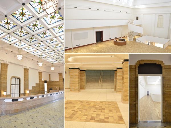 左）2階西広間。今回の改修では階段に手すりを付け、照明の電球をLEDに変えた。ステンドグラスや大理石は開館当時のまま。長い歴史を感じられる空間だ　上）天井高16mの旧大陳列室は、地下1階のメインエントランスのロビーから大階段でつながる「中央ホール」へと機能が変化。奥に見えるらせん階段は今回の改修で作られたもの　下中）こちらは、地下エントランスを直進し、大階段（奥）に進む空間。中央の敷石部分は、かつて下足室として使われていた場所。こちらの敷石も開館当時のものがそのまま使われている。傷みもあるが、それも“痕跡”として残されている　下右）2階西広間と、今回新設された北回廊をつなぐ出入り口。もともと窓だった部分を利用して作られたが、まるで、以前からあったように馴染んでいる