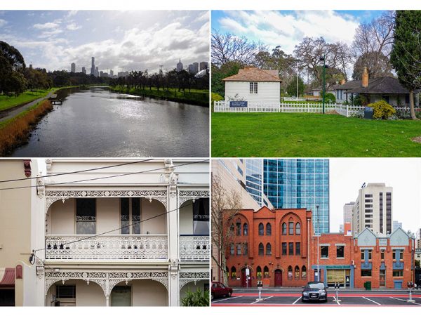 左上／メルボルンを象徴するヤラ川の流れ。すぐ近くに超高層ビルが見える　右上／ラ・トローブのコテージ。アメリカの西部開拓時代のような、下見板張りの木造住宅だ　左下／メルボルンに点在する、ベランダコロニアル風の住宅。「ベランダの手すりなどに見られる、レースのような意匠はメルボルン独特のもの」と倉方さん　右下／1850年竣工のホテル。赤レンガのイギリス風の建物だ</br>（写真は以下すべて撮影／倉方俊輔）