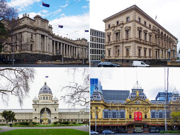 左上／ギリシャ・ローマ時代の建築に範をとった古典主義建築のヴィトリア州議事堂（ピーター・カー、1860-88年）　右上／イタリアのパラッツォのようなルネサンス様式の旧財務省（ジョン･ジェームズ･クラーク、1862年）。外壁は三層形式で豪華に仕上げられている。現在、中は博物館に使われている　左下／メルボルン万博のパヴィリオンとして建設された王立展示館（ジョセフ･リード、1880年）　右下／プリンセス劇場（ウィリアム・ピット、1886年）。「フランスの宮殿のような華やかで可愛らしい建物ですね。この時代に、すでに大衆向けの娯楽が成立していたことが分かります」