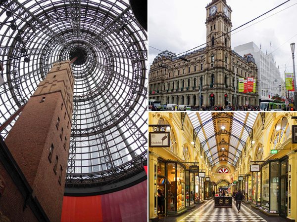 左／メルボルン･セントラル（黒川紀章、1991年改修）　右上／手前がメルボルン中央郵便局（1867年）、右奥の白い建物がマイヤー百貨店（1921年）　右下／ロイヤル･アーケード（チャールズ・ウェブ、1869年）
