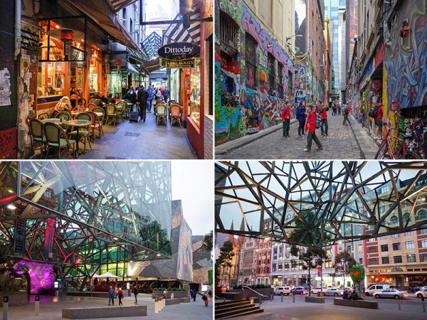 上2点／レーンウェイ。グラフィックアートが許容されていたり、路上にテーブルを出せるようになっていたりする　</br>下2点／フェデレーション・スクエア（Lab アーキテクチャー・スタジオ、2002年）