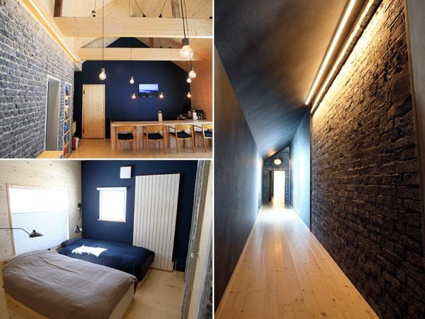 柱がないことで開放的となった共有スペース（左上）、2棟をつなぎ外壁を活用した屋内廊下（右）、壁の雰囲気を残した客室（左下）