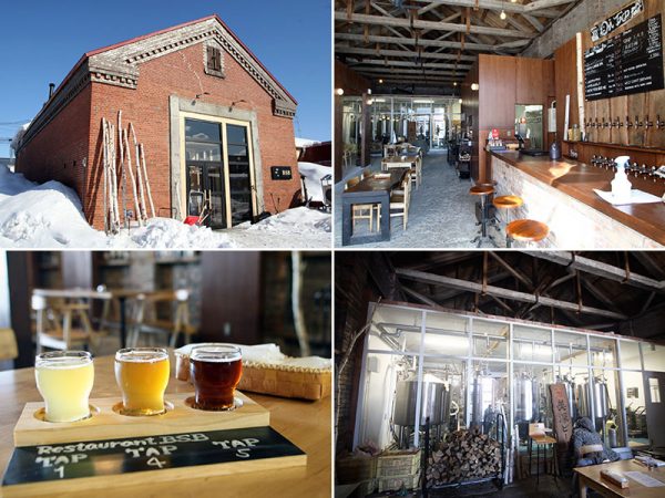 赤レンガが目を引くブルワリーの外観（左上）とレストラン店内（右上）。美深町内の白樺樹液を使ったクラフトビール（左下）、レストラン奥の醸造所（右下）